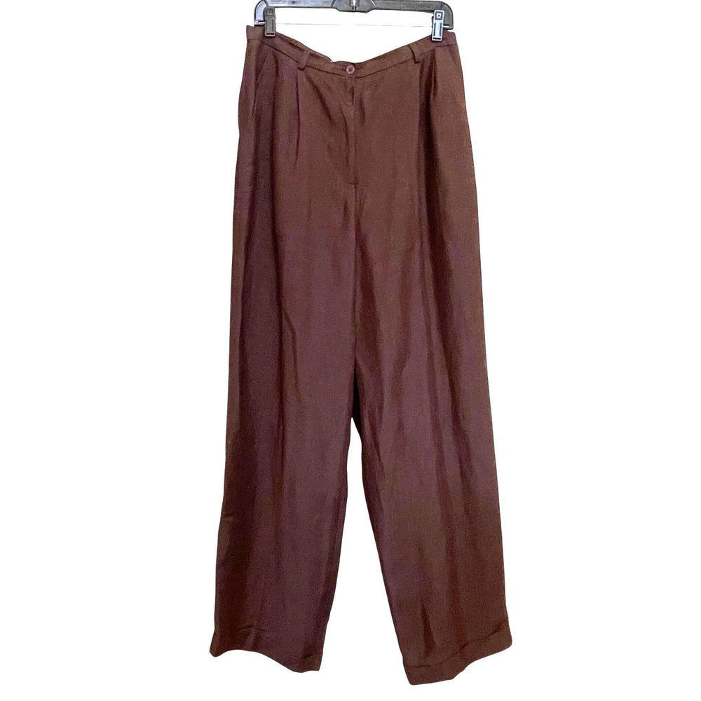 Ann Taylor chocolate Brown Linen Wide Leg Pleated Trousers Cuffed Pants NWT 14